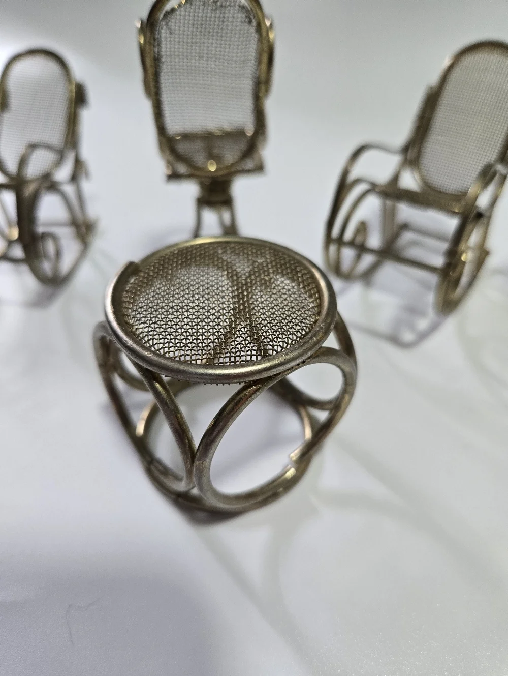 Vintage Metal Miniature Doll House Furniture Gold Rocking Chairs Table Sconce